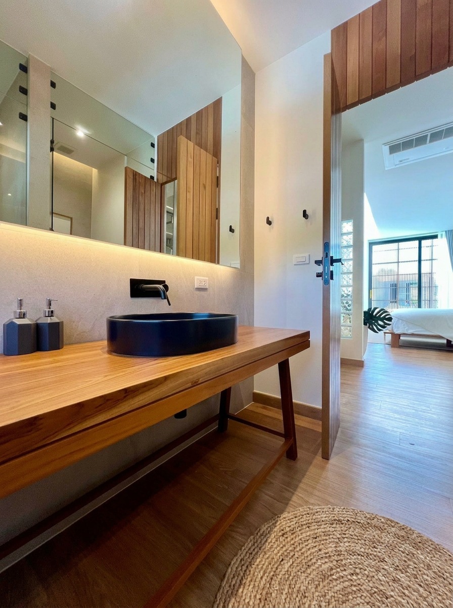 Vanity area opening directly into the bedroom with warm concealed lighting