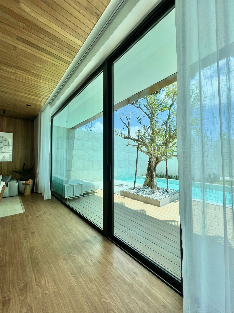 Poolside room with full-height glass doors opening to the terrace