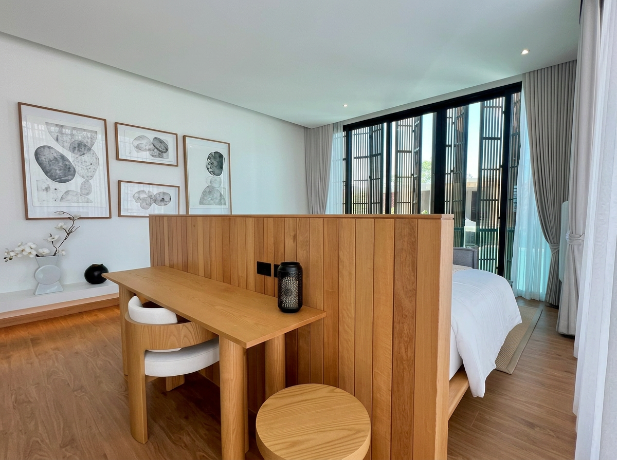Bedroom with integrated timber desk and textured glass-block wall