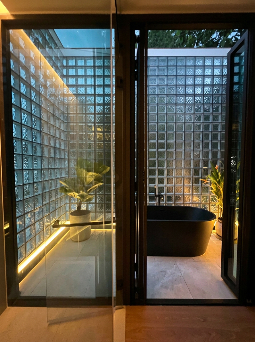 Outdoor bath courtyard framed by glass-block walls and soft evening lighting