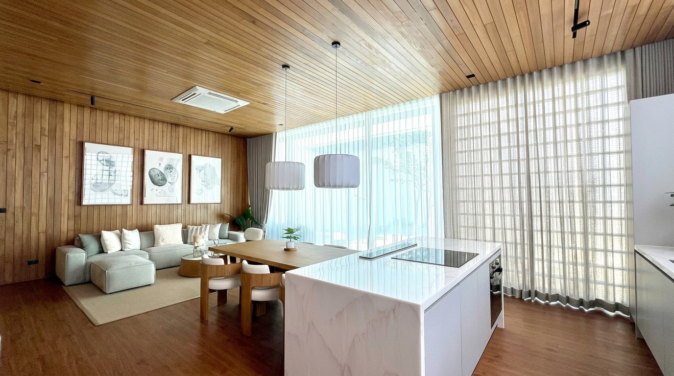 Wide-angle view of the kitchen, dining and living area with glass-block wall and pool outlook
