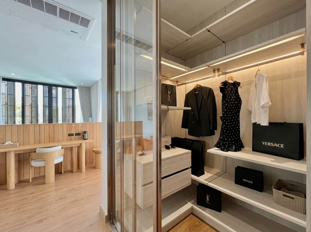 Open wardrobe corner with illuminated rails and adjoining bedroom desk area