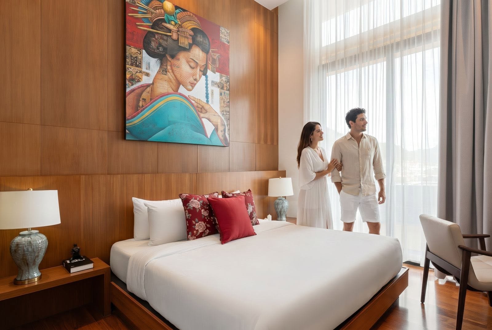 Master bedroom with sea views, timber panelling and statement artwork