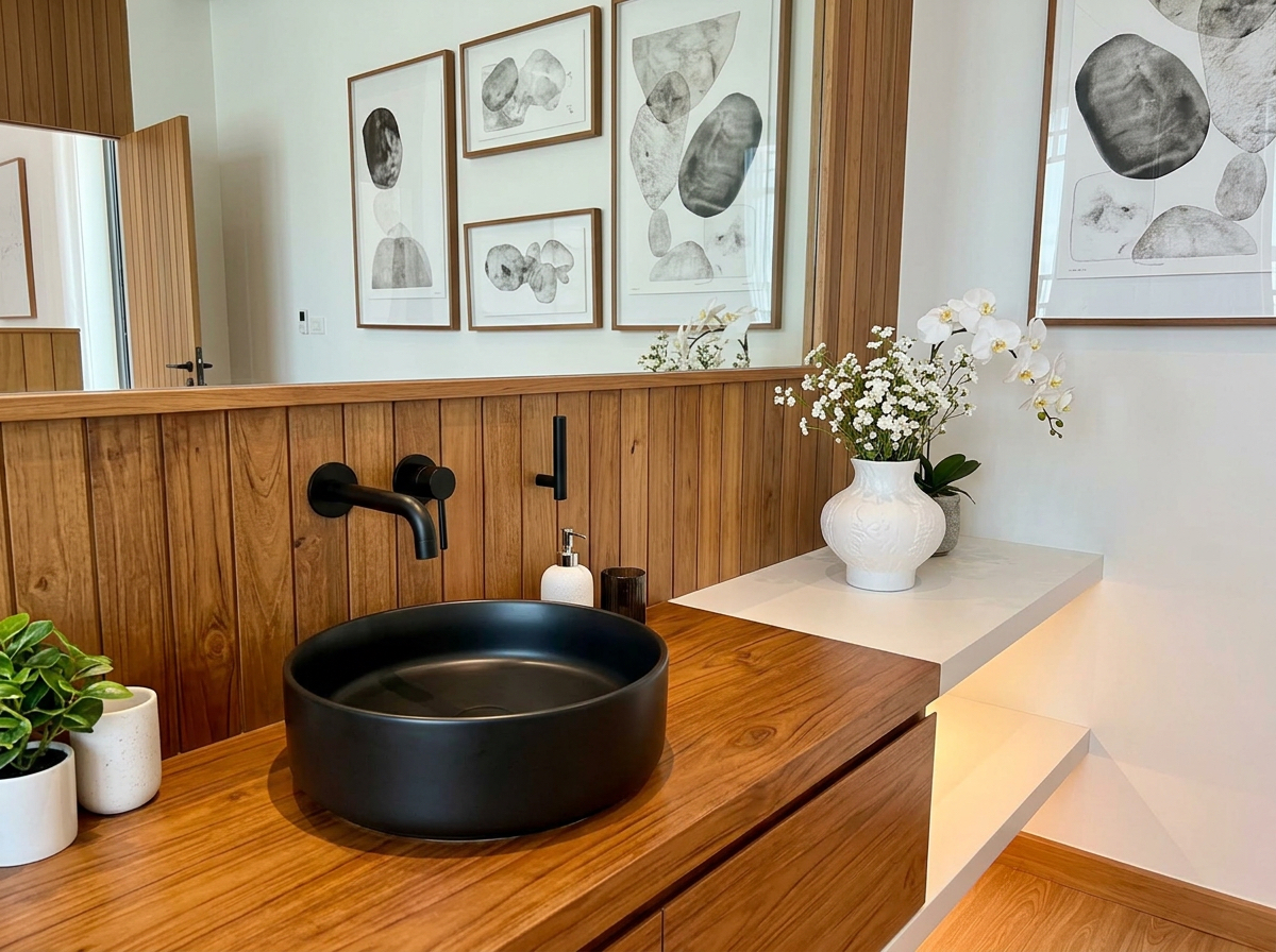 Close-up of the wood vanity with black basin and curated artwork above