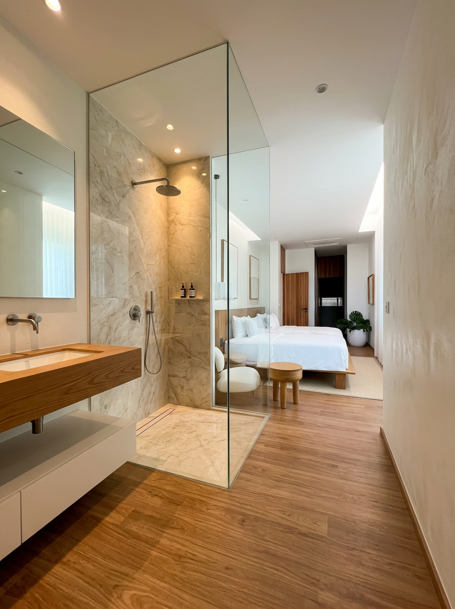 Bathroom corridor with glass shower enclosure leading toward the bedroom