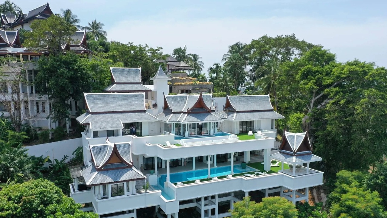 Surin Hills villa facade and Thai architecture above Surin Beach