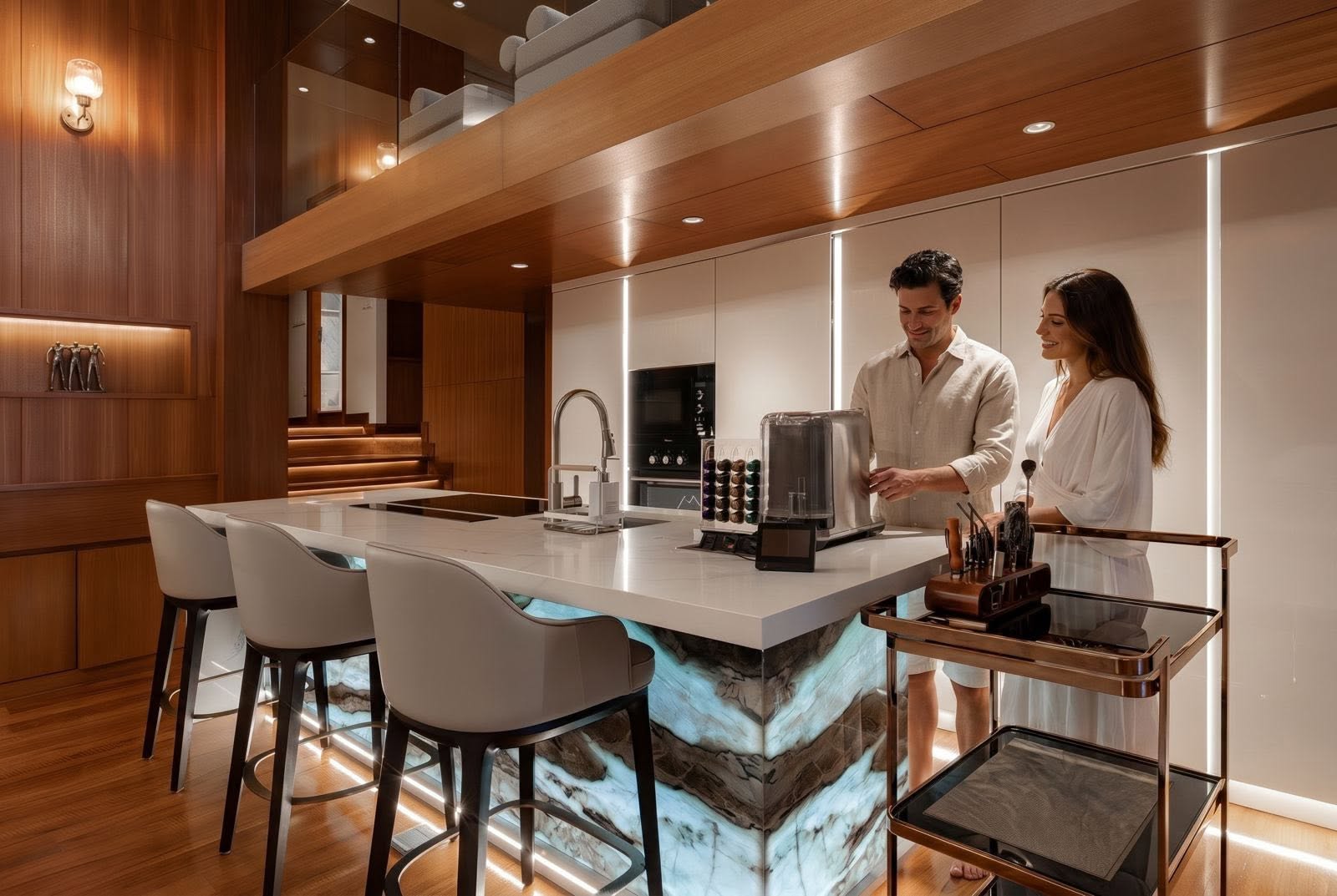 Designer Western kitchen with backlit onyx island and breakfast bar