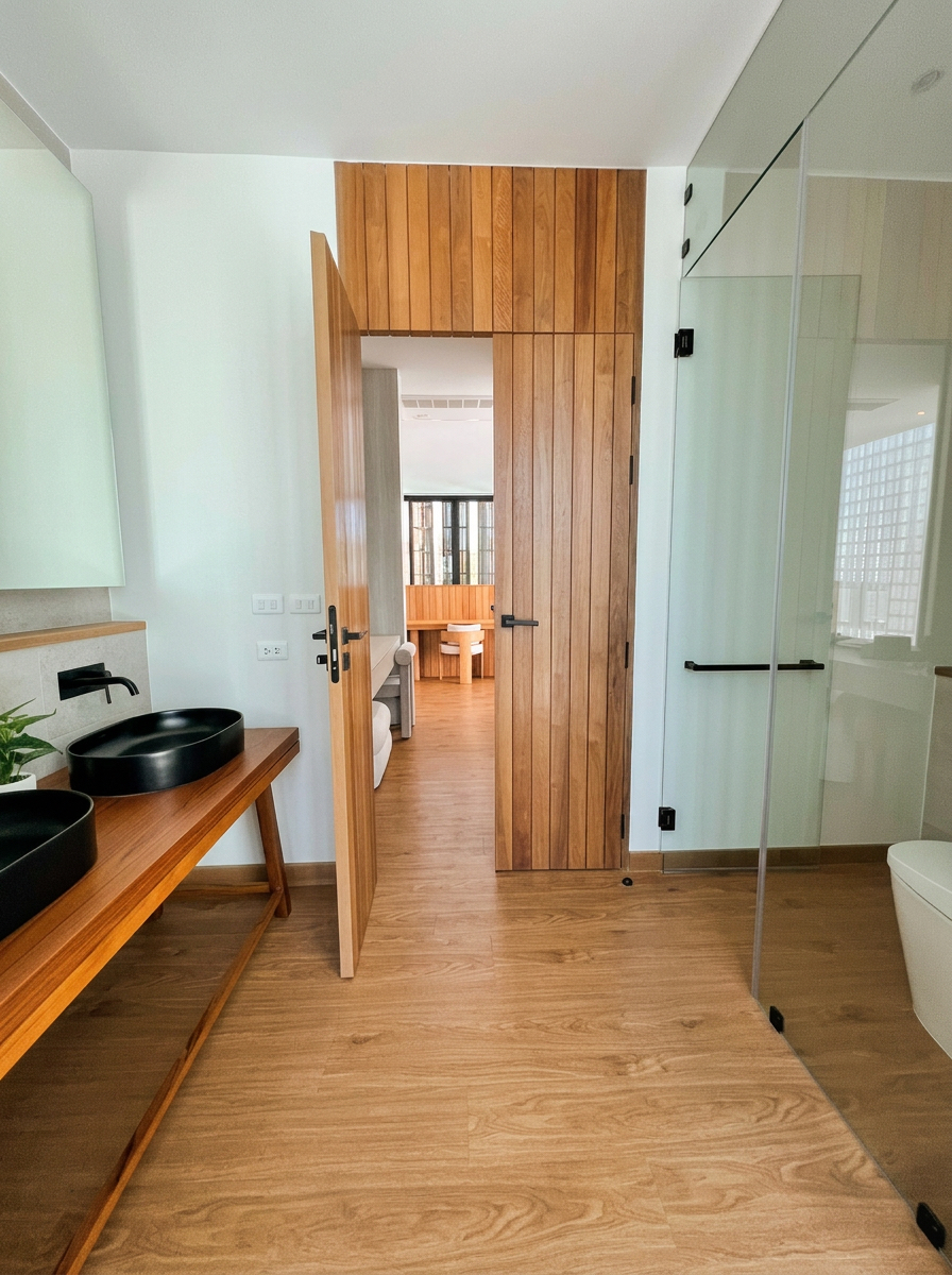 Bathroom with double black vessel sinks, warm wood vanity and shower enclosure