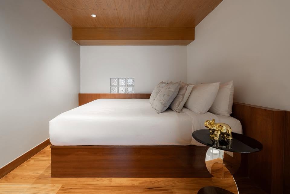 Minimalist guest bedroom with timber ceiling and platform bed