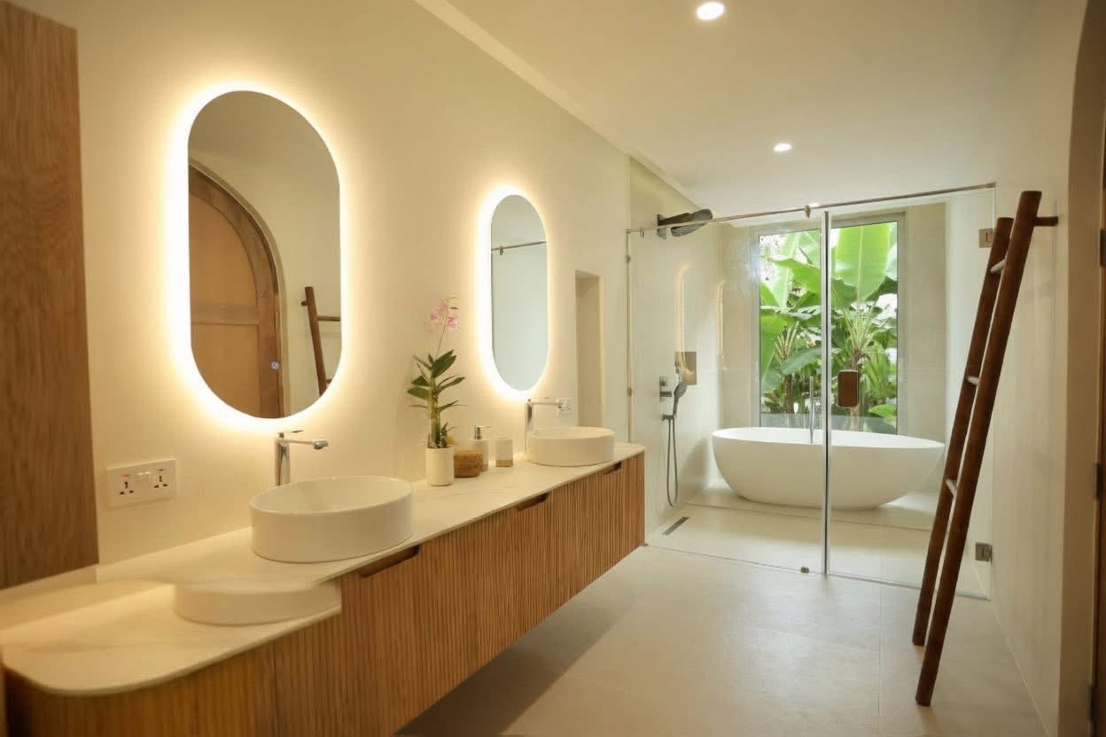 Master bathroom with double vanity, freestanding tub and walk-in shower