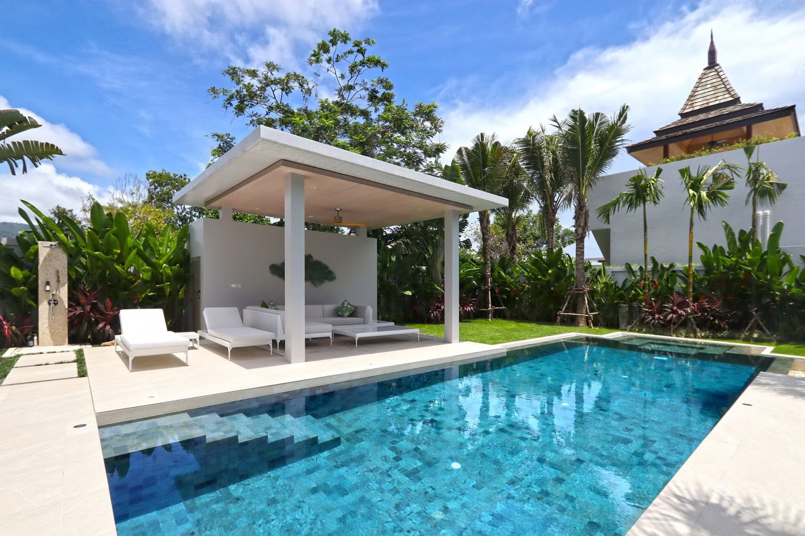 Private pool with sala pavilion, loungers and outdoor shower