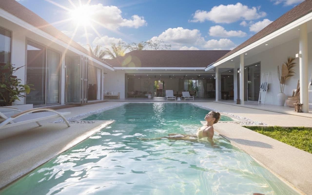 Sunlit courtyard pool with the villa wings on a bright day