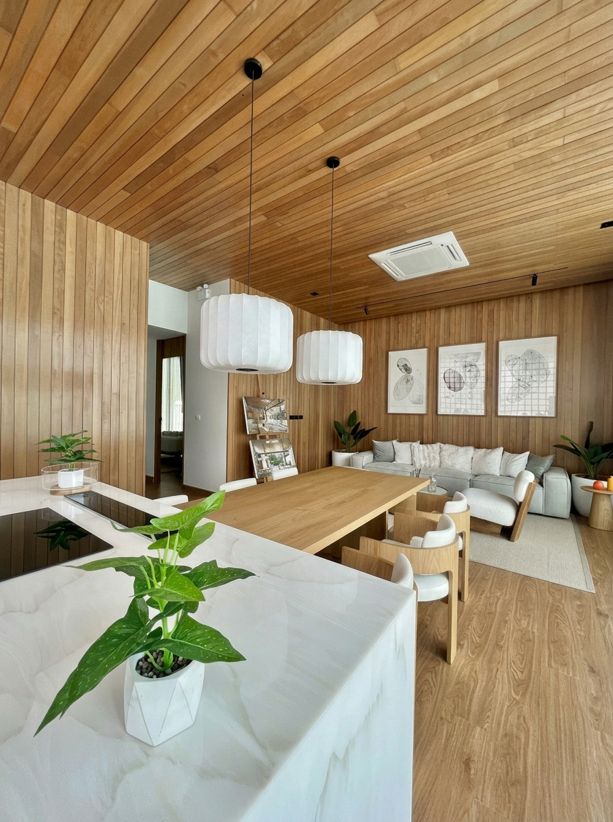 Open-plan living and dining room with timber wall panelling, sculptural pendants and warm wood ceiling