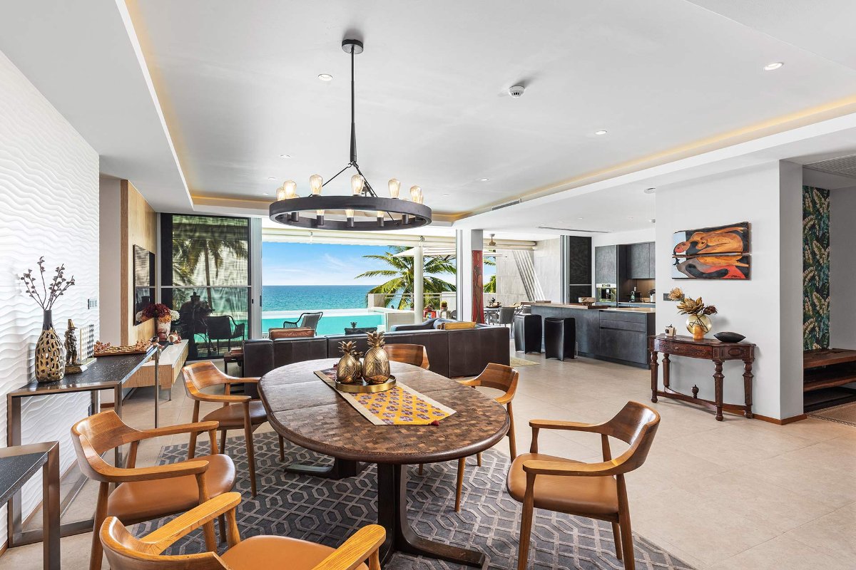 Open-plan dining room with ocean views