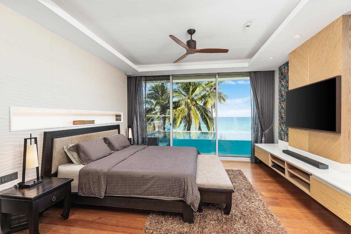 Master bedroom with pool views