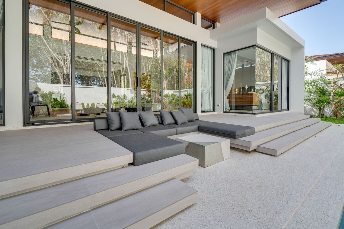 Expansive outdoor terrace with designer seating