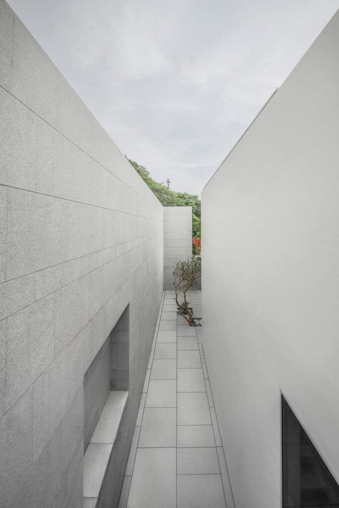 Minimalist corridor walkway with frangipani tree