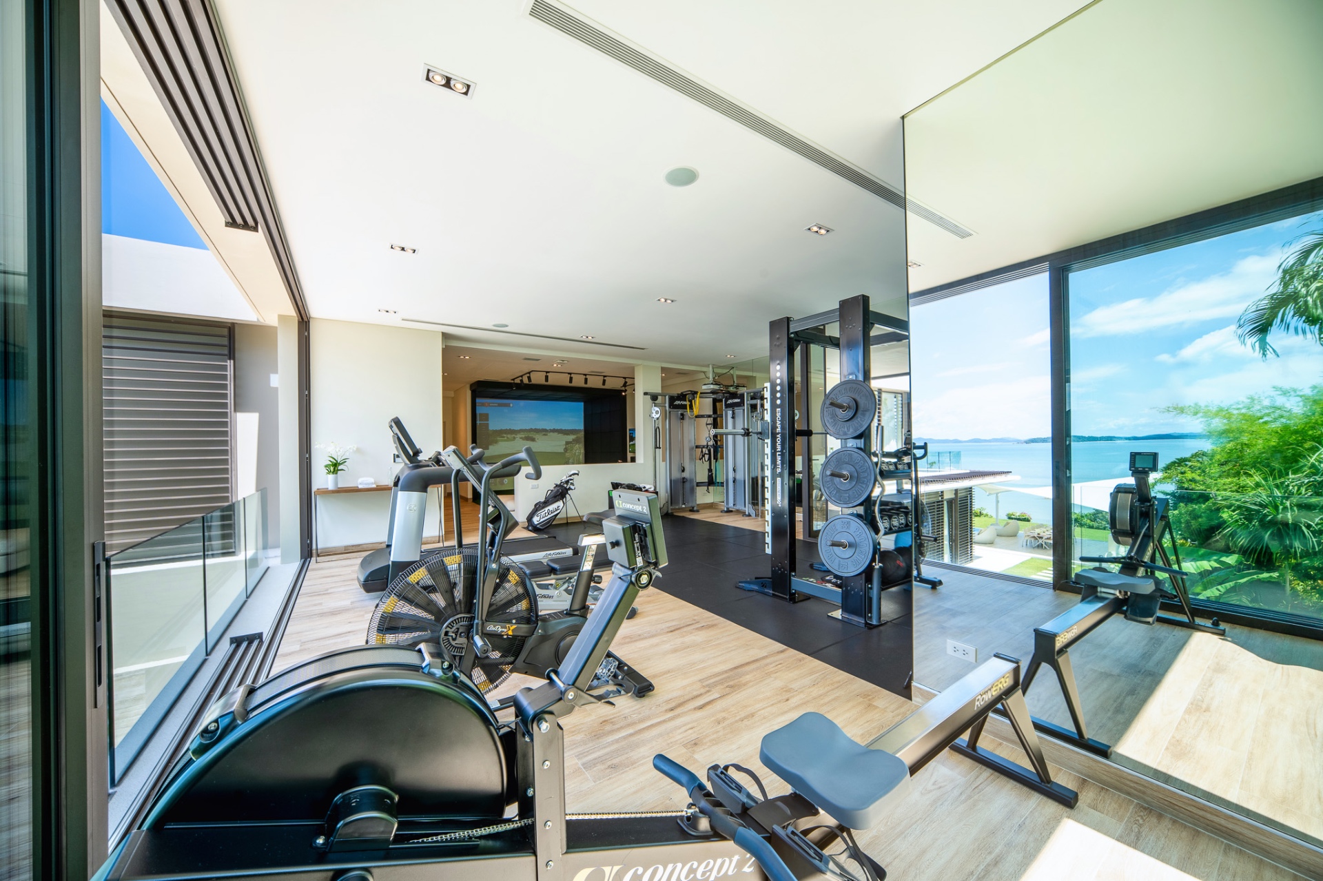 Gym with golf simulator and weight training area