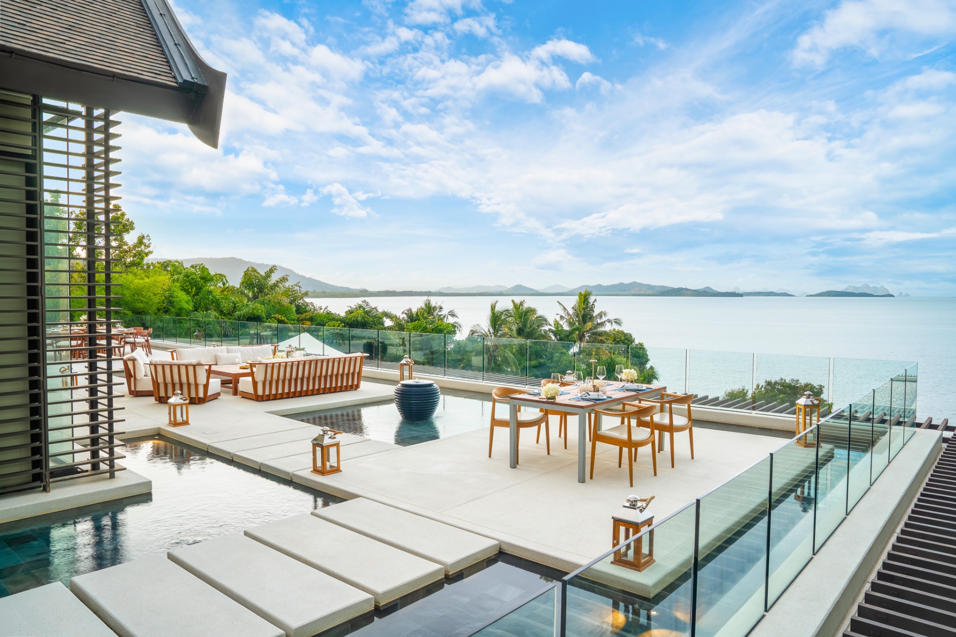 Terrace dining area with panoramic ocean views