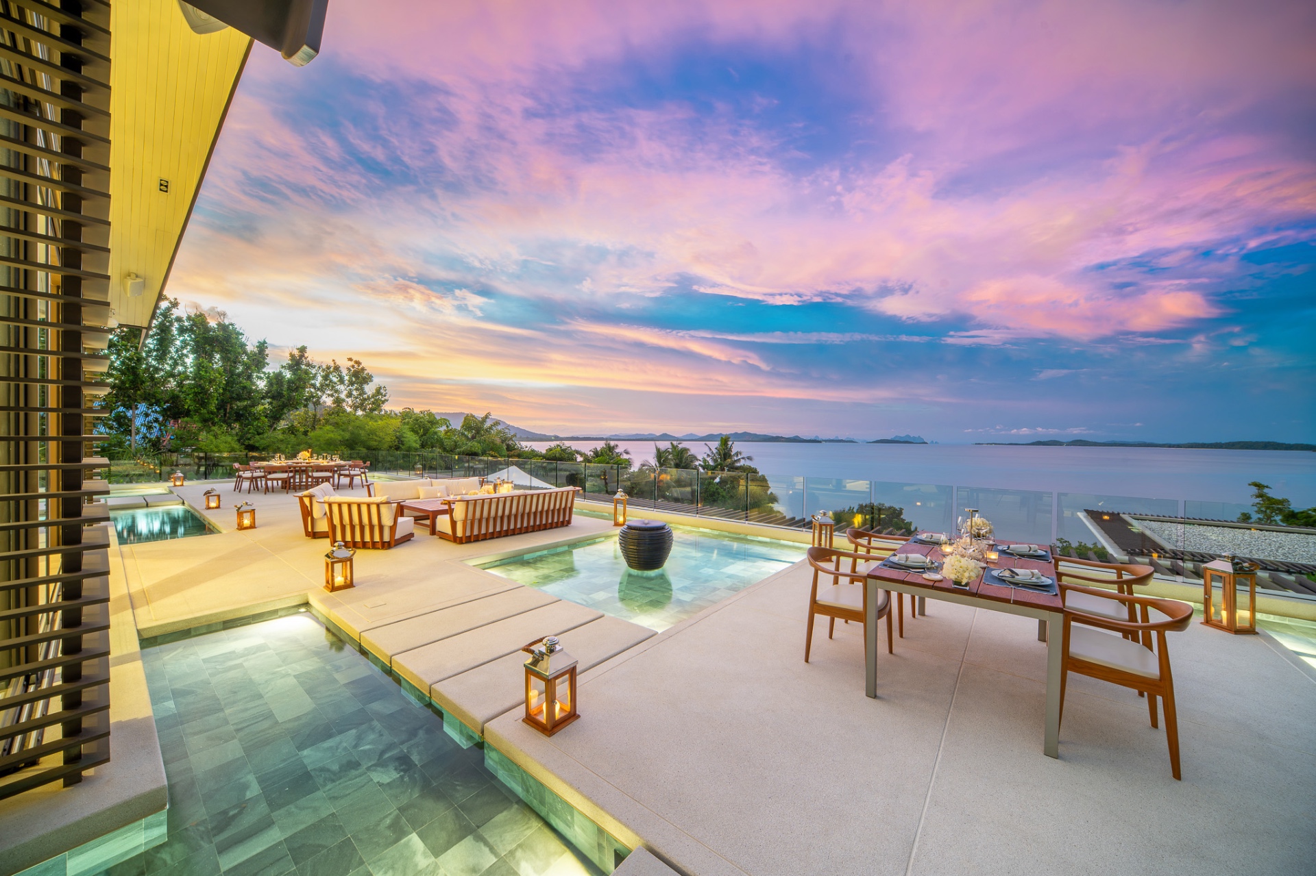 Sunset terrace with plunge pool and island views