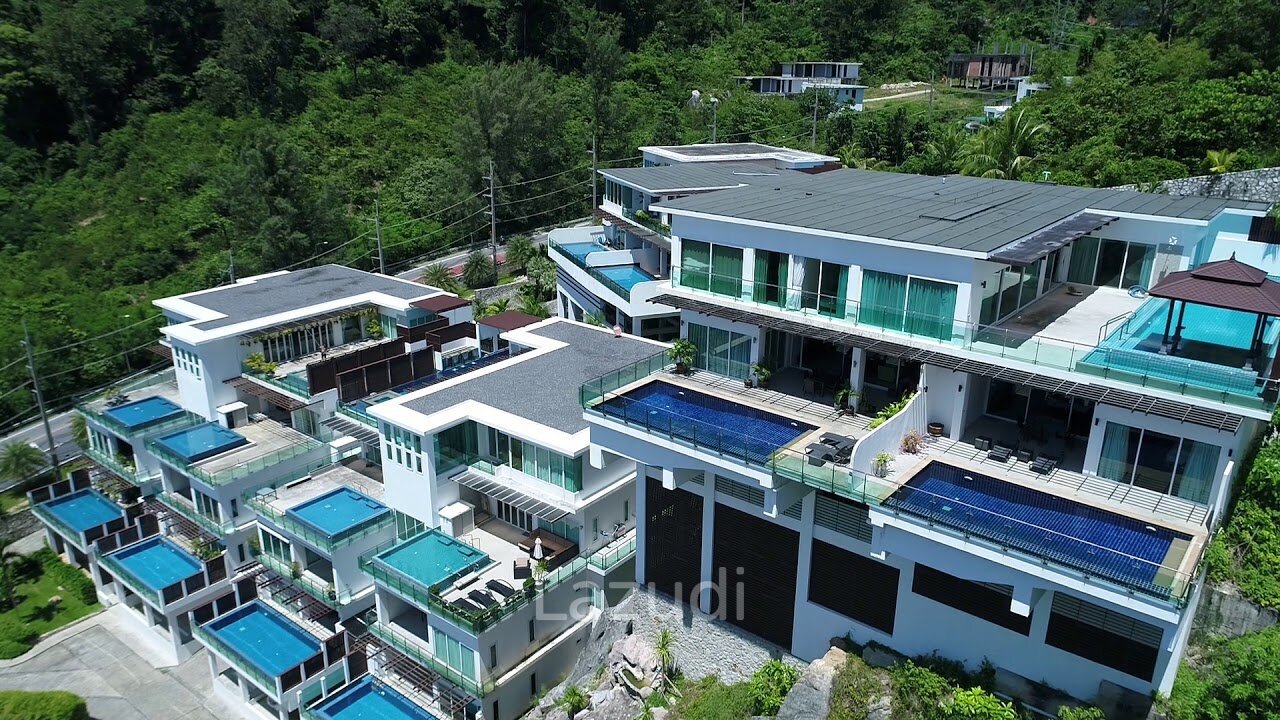 Aerial view of Kamala Falls complex with private pools