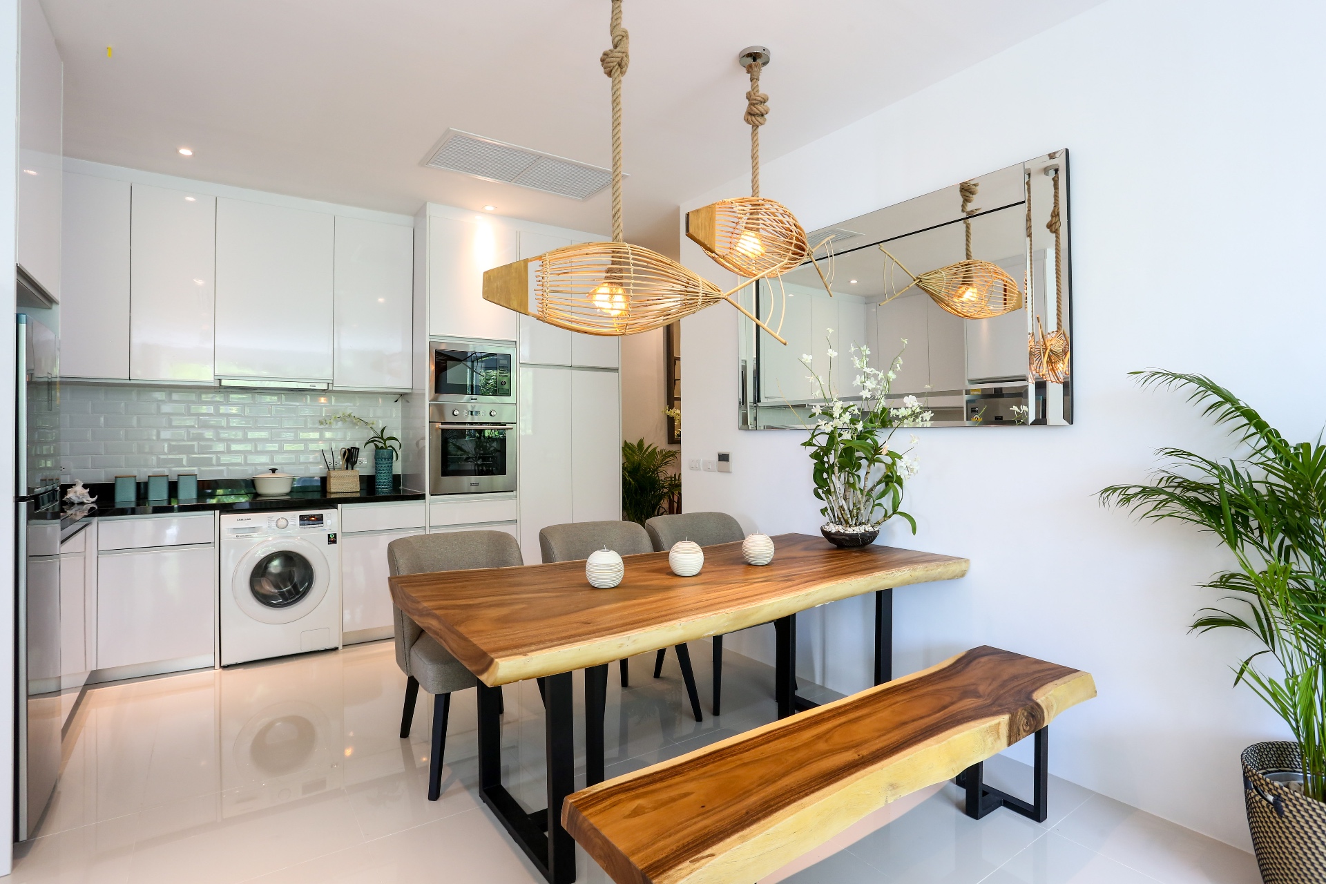 Modern kitchen and dining with washing machine