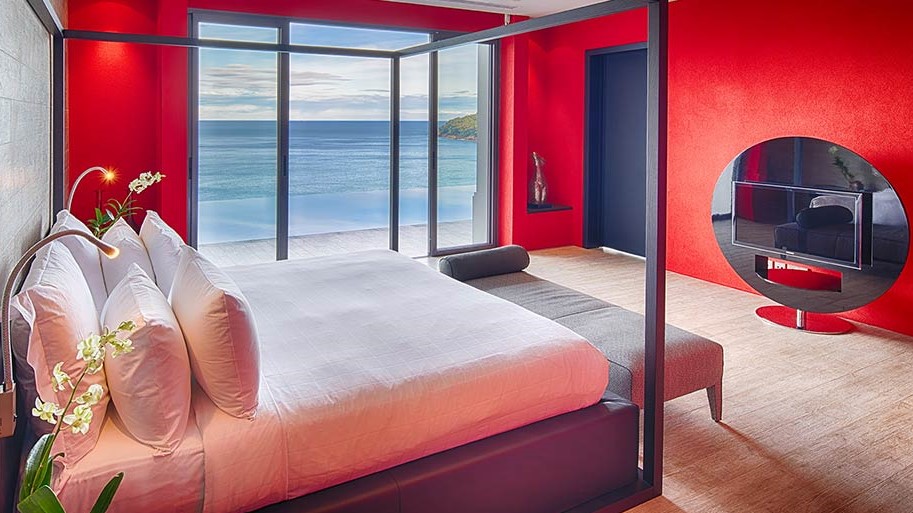 Designer bedroom with ocean views
