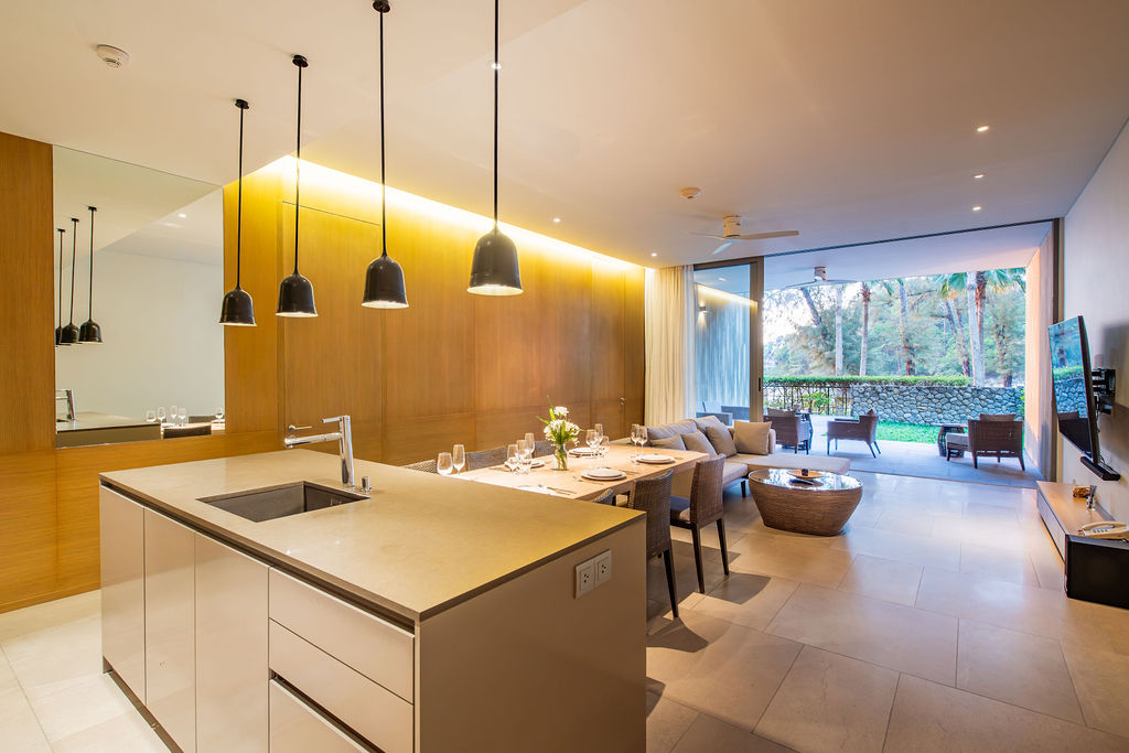 Kitchen island with garden and terrace views