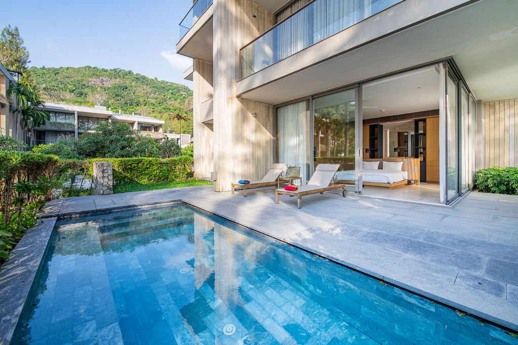 Pool and terrace with mountain views