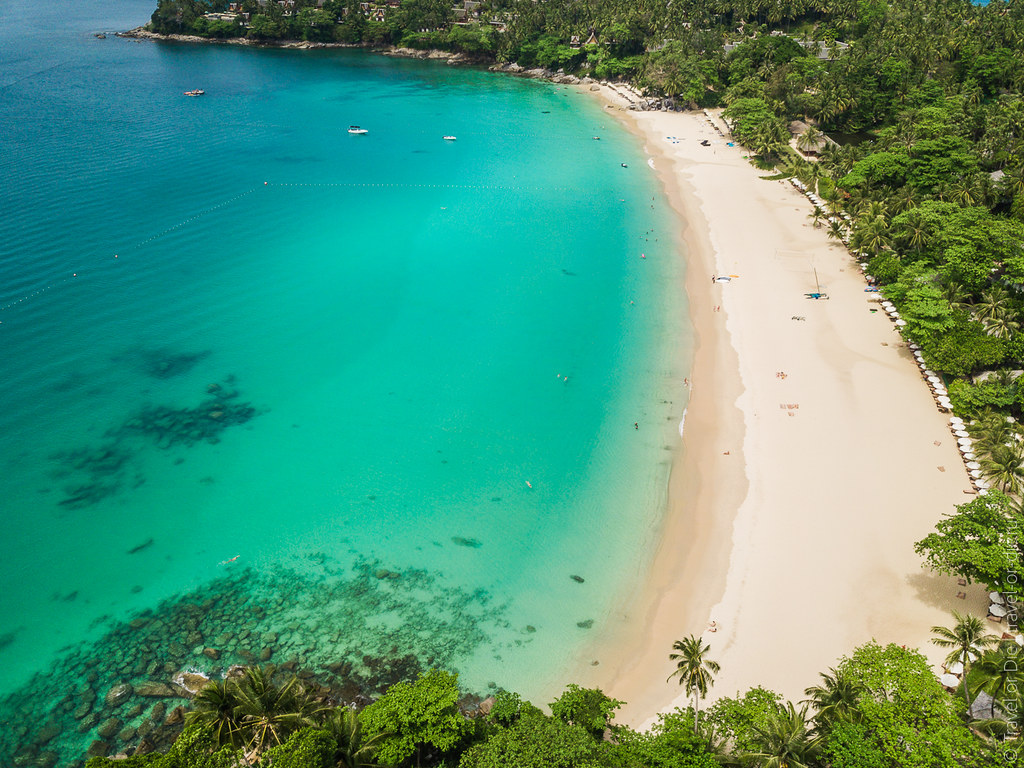 Surin Beach aerial view with turquoise Andaman Sea waters