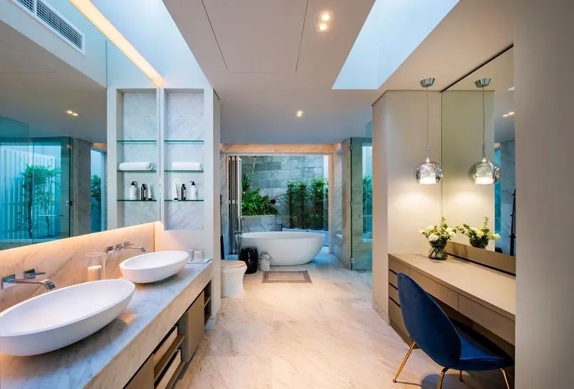 Marble bathroom with freestanding tub