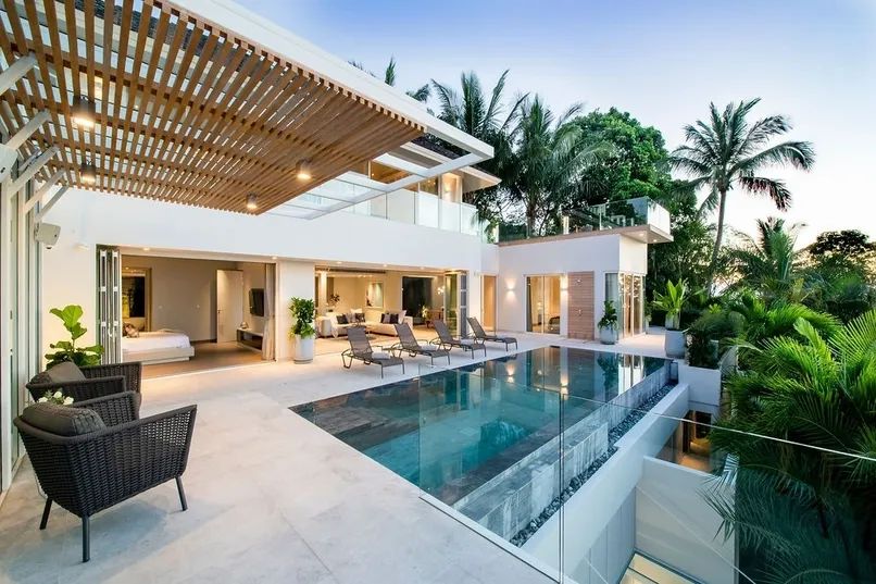 Villa pool area at twilight