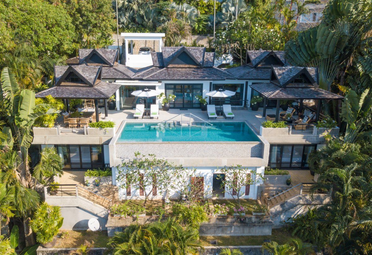 Aerial view of Surin Beach villa with pool and tropical garden