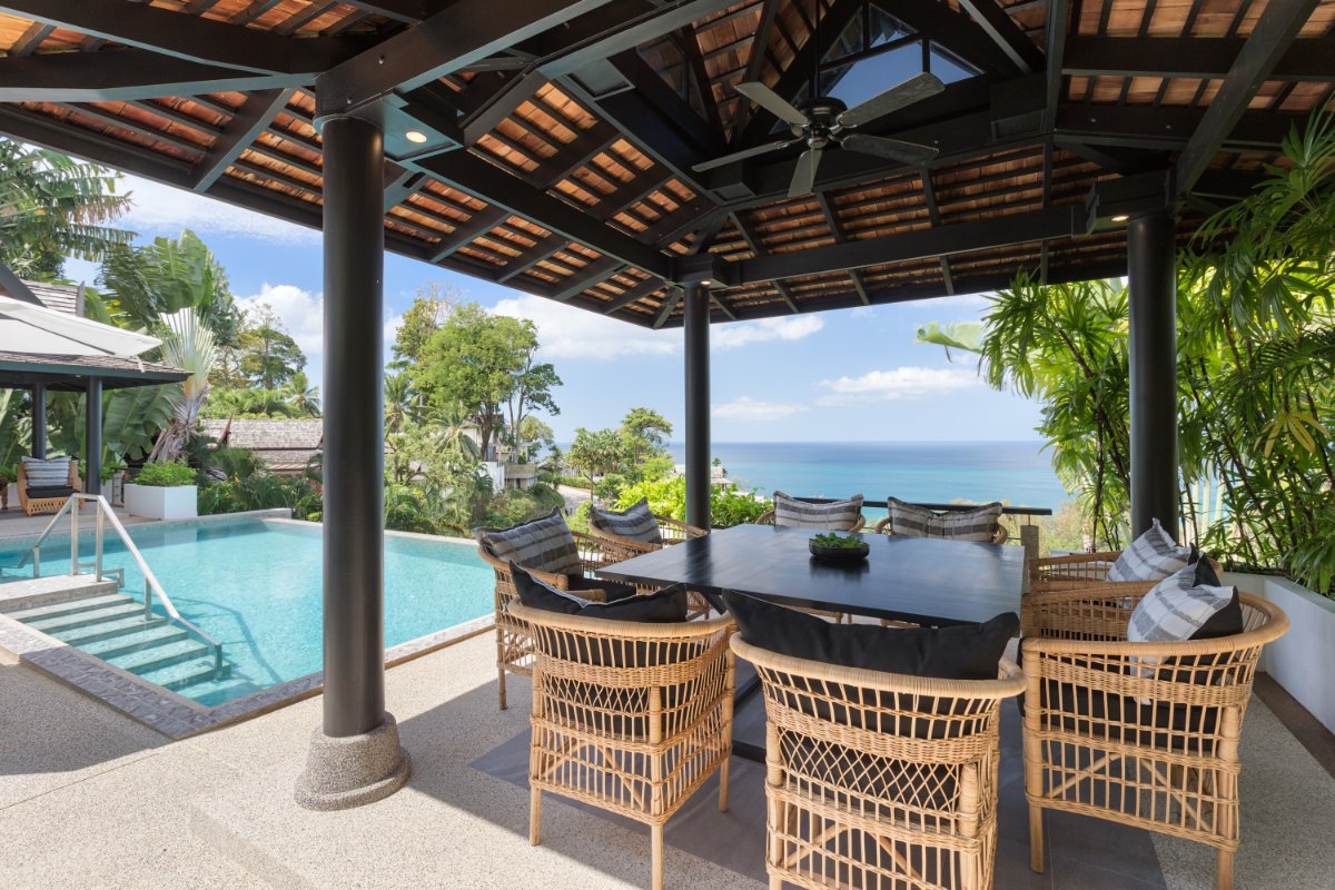 Outdoor dining sala with ocean view at luxury Phuket villa
